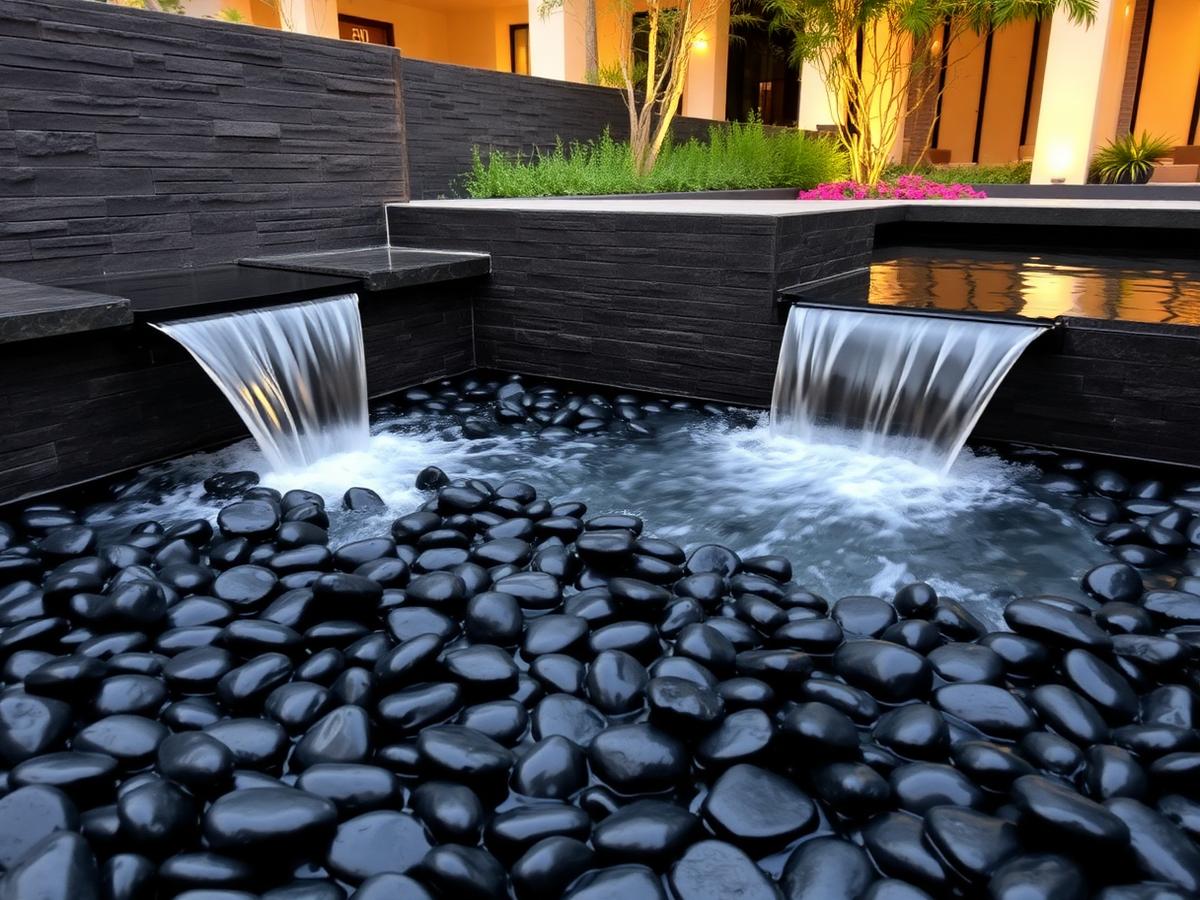 Polished black pebbles in a modern water feature