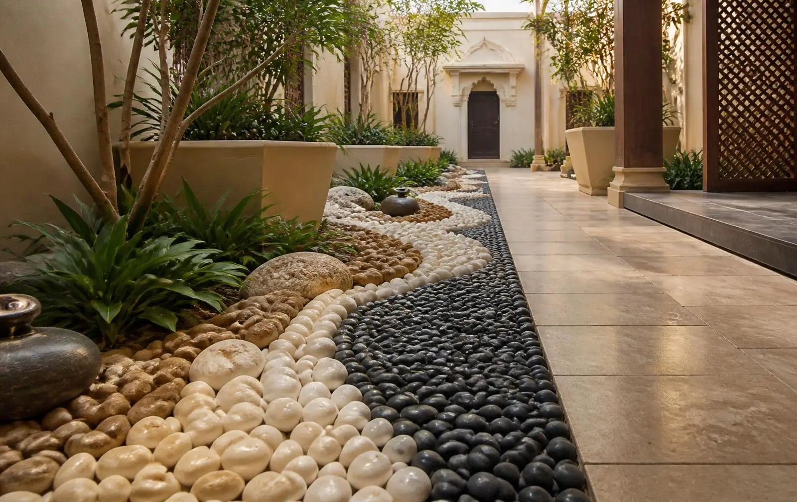 Landscaped courtyard with bands of white, brown and black pebbles beside stone paving